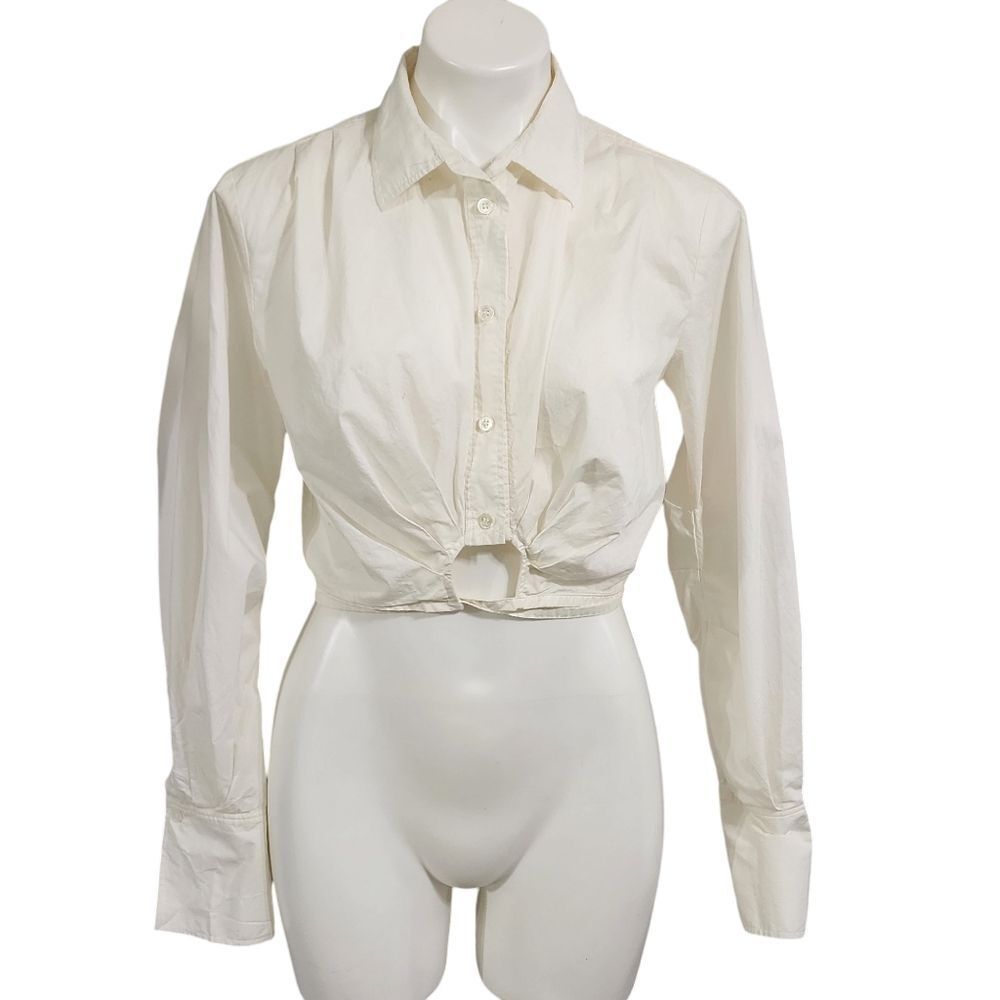 Frame top white crop wrap tie waist button up long sleeve S